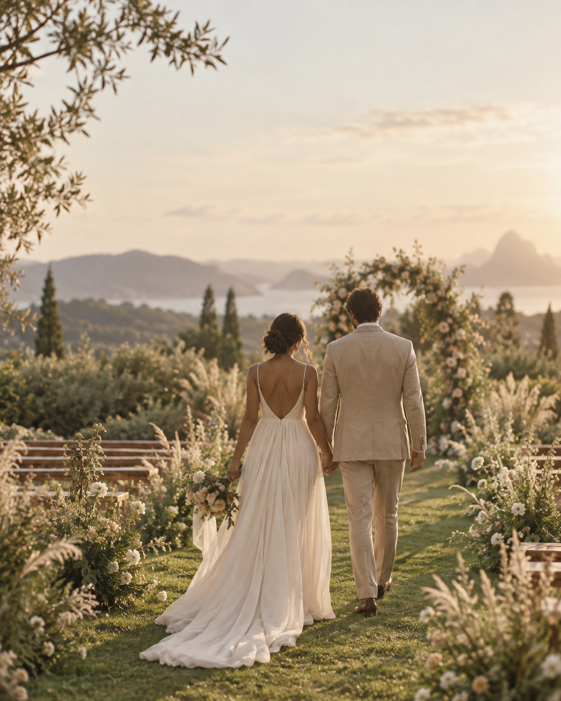 Casal caminhando em uma cerimônia ao entardecer